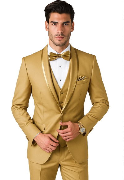 Champagne Tuxedo for Men – Vested Satin Lapel Wedding & Prom Suit