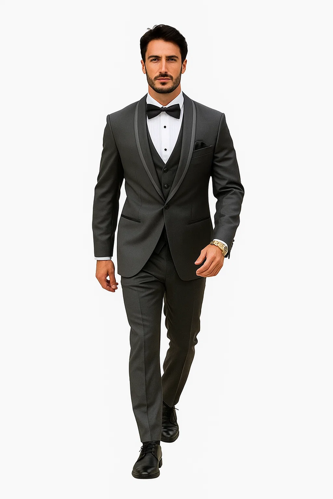 Charcoal Vested Tuxedo for Men – Satin Shawl Lapel Formal Prom Suit