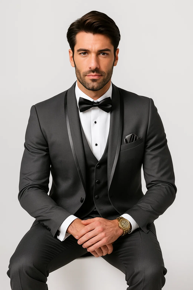 Charcoal Vested Tuxedo for Men – Satin Shawl Lapel Formal Prom Suit