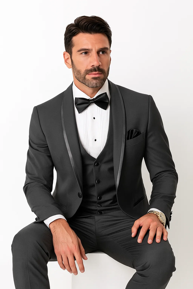 Charcoal Vested Tuxedo for Men – Satin Shawl Lapel Formal Prom Suit