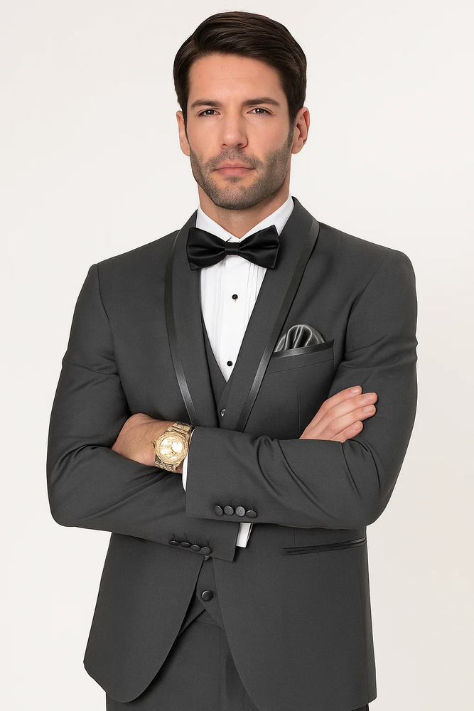 Charcoal Vested Tuxedo for Men – Satin Shawl Lapel Formal Prom Suit