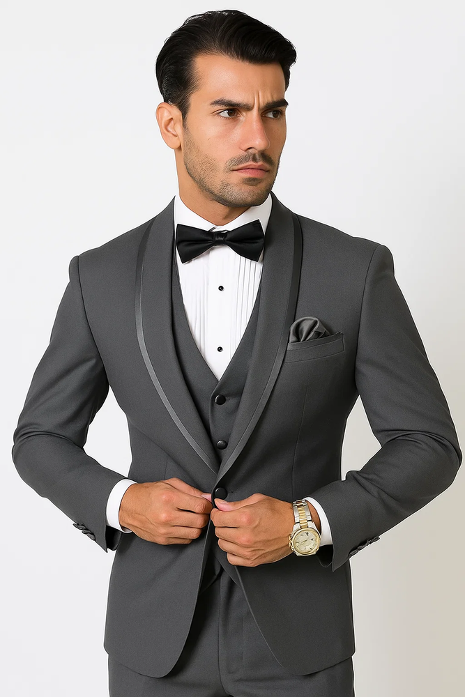 Charcoal Vested Tuxedo for Men – Satin Shawl Lapel Formal Prom Suit