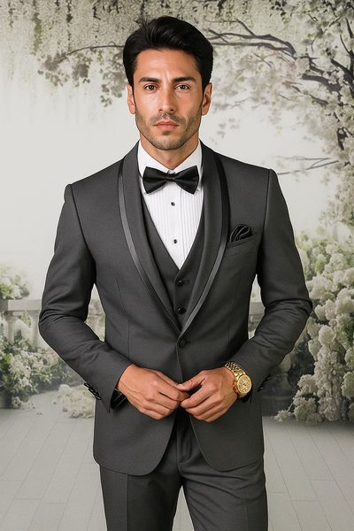 Charcoal Vested Tuxedo for Men – Satin Shawl Lapel Formal Prom Suit