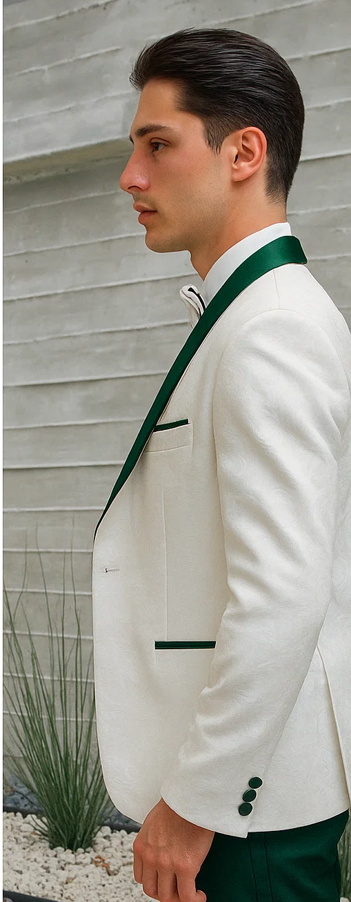 Hunter Green & White Paisley Mens Tuxedo – Vested Wool Suit for Prom & Weddings