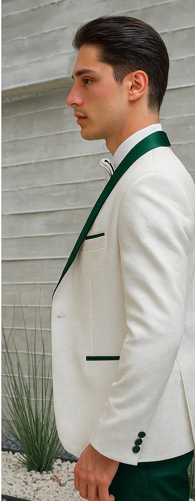 Hunter Green & White Paisley Mens Tuxedo – Vested Wool Suit for Prom & Weddings