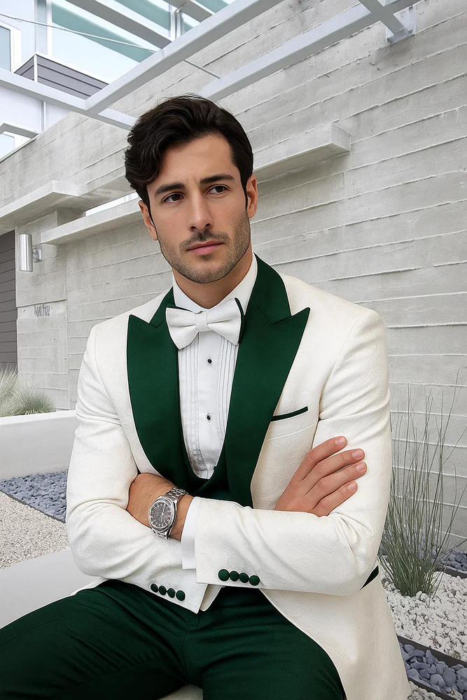 Hunter Green & White Paisley Mens Tuxedo – Vested Wool Suit for Prom & Weddings