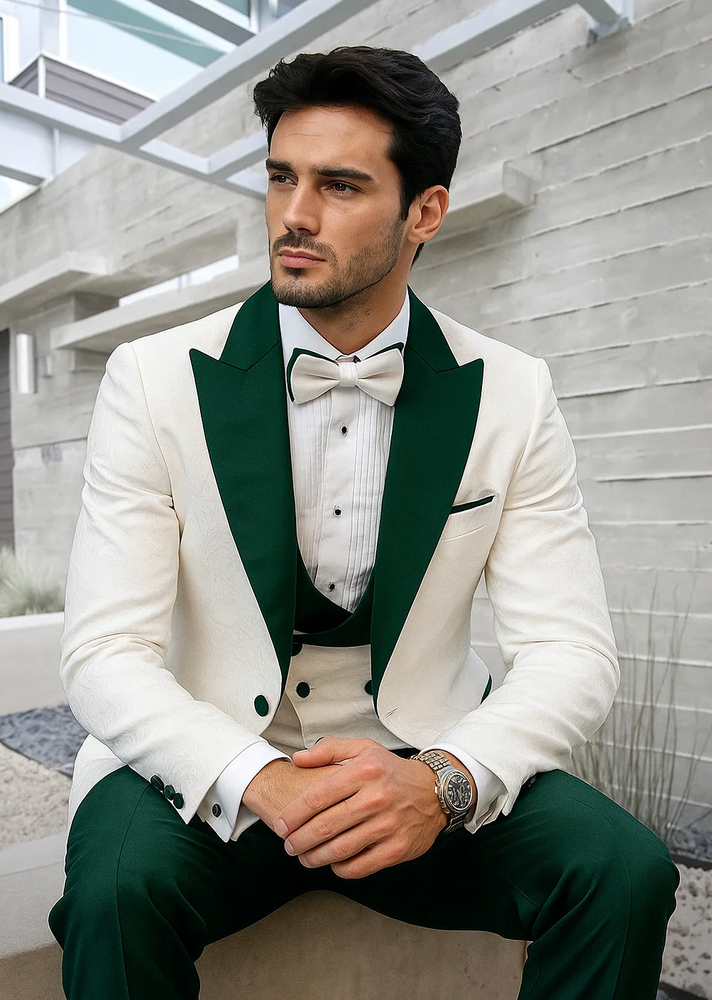 Hunter Green & White Paisley Mens Tuxedo – Vested Wool Suit for Prom & Weddings