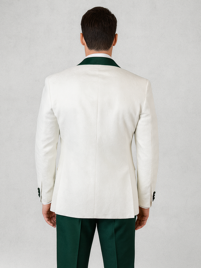 Hunter Green & White Paisley Mens Tuxedo – Vested Wool Suit for Prom & Weddings