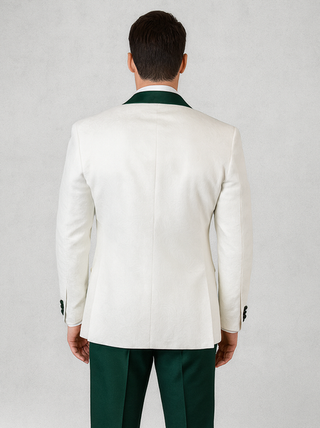 Hunter Green & White Paisley Mens Tuxedo – Vested Wool Suit for Prom & Weddings