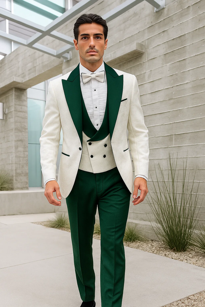 Hunter Green & White Paisley Mens Tuxedo – Vested Wool Suit for Prom & Weddings
