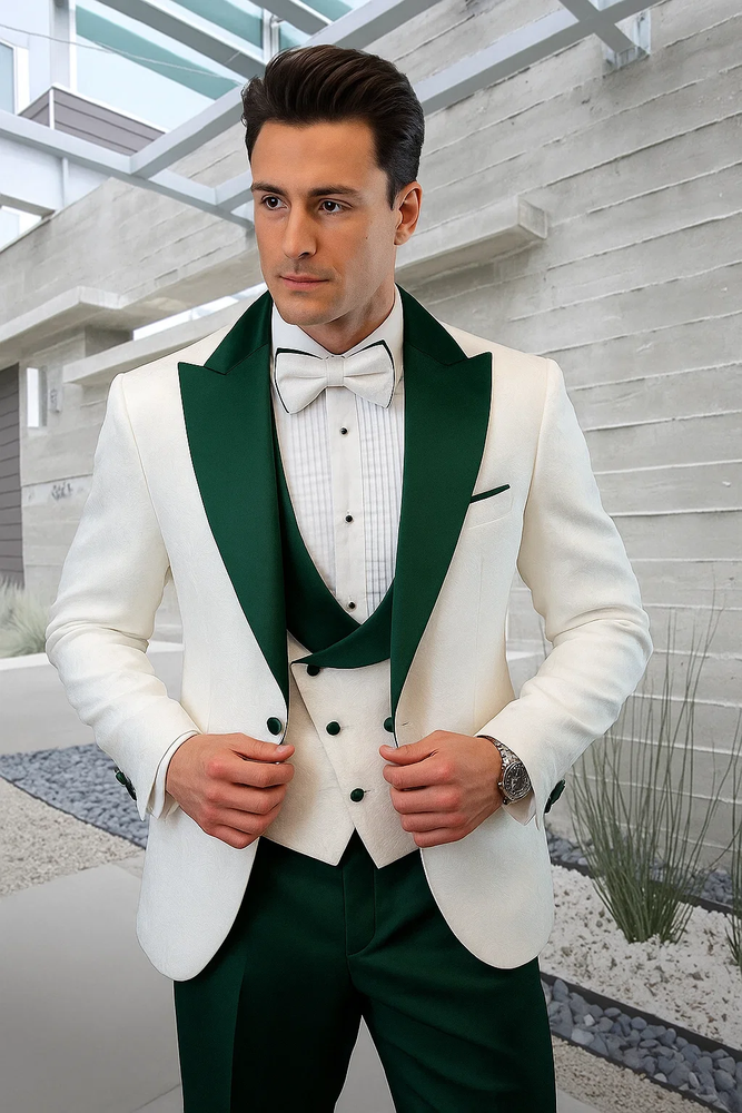 Hunter Green & White Paisley Mens Tuxedo – Vested Wool Suit for Prom & Weddings