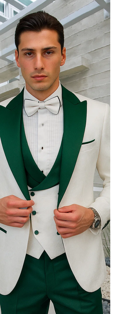 Hunter Green & White Paisley Mens Tuxedo – Vested Wool Suit for Prom & Weddings