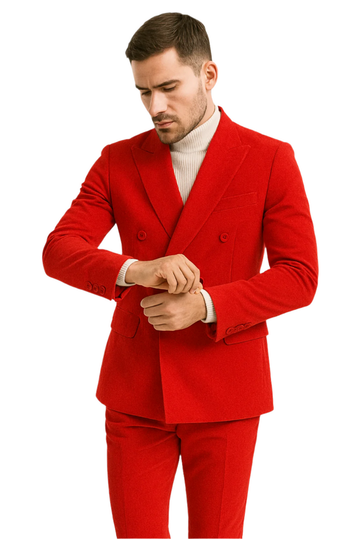 Mens Slim Fit Red Velvet Double Breasted Suit with Peak Lapel – Formal Tuxedo Style