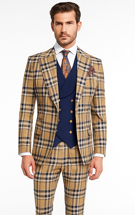 Mens Two Button Peak Lapel Suit Brown ~ Blue
