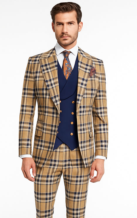 Mens Two Button Peak Lapel Suit Brown ~ Blue