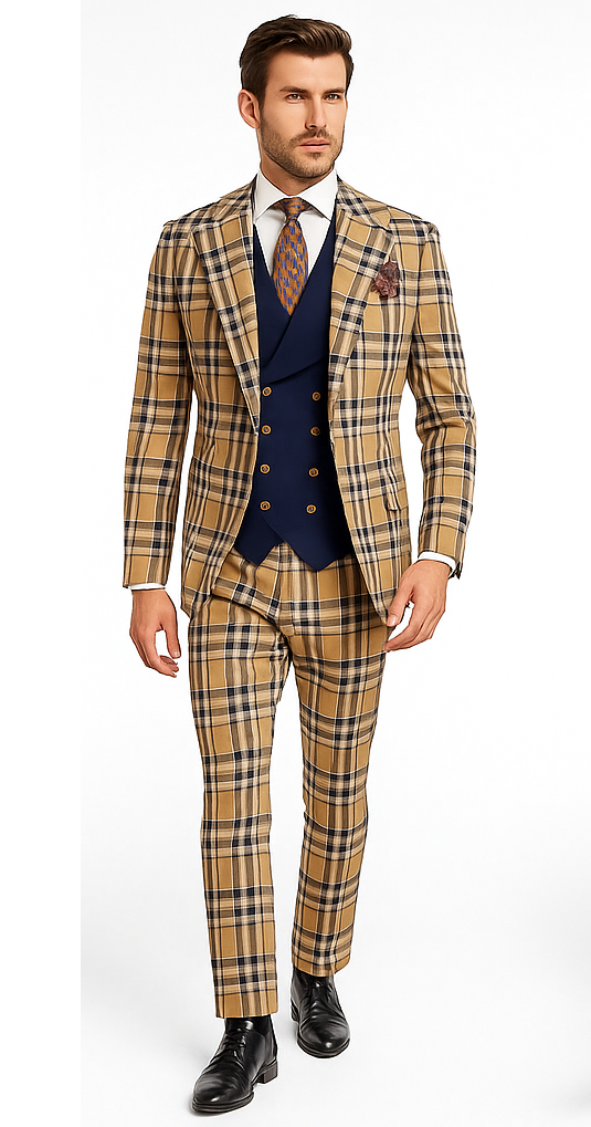 Mens Two Button Peak Lapel Suit Brown ~ Blue