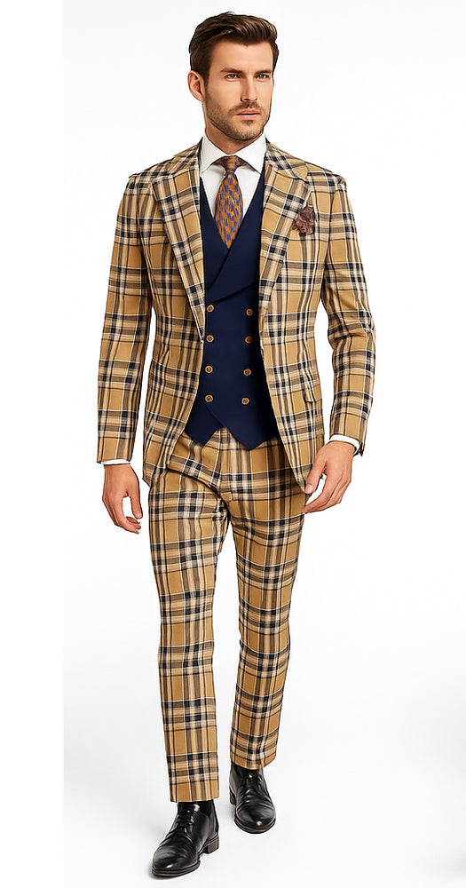 Mens Two Button Peak Lapel Suit Brown ~ Blue