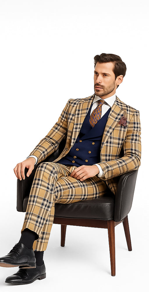 Mens Two Button Peak Lapel Suit Brown ~ Blue