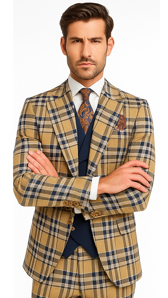 Mens Two Button Peak Lapel Suit Brown ~ Blue