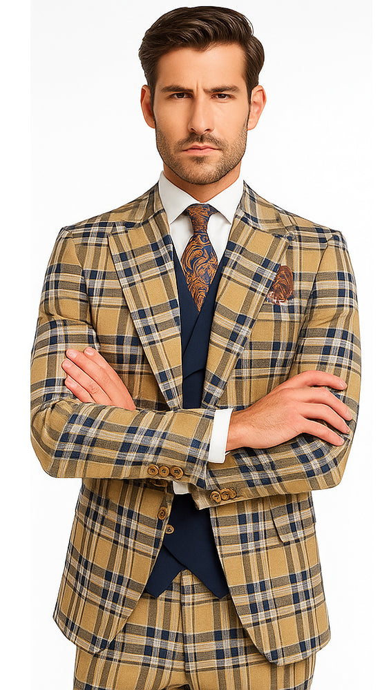 Mens Two Button Peak Lapel Suit Brown ~ Blue