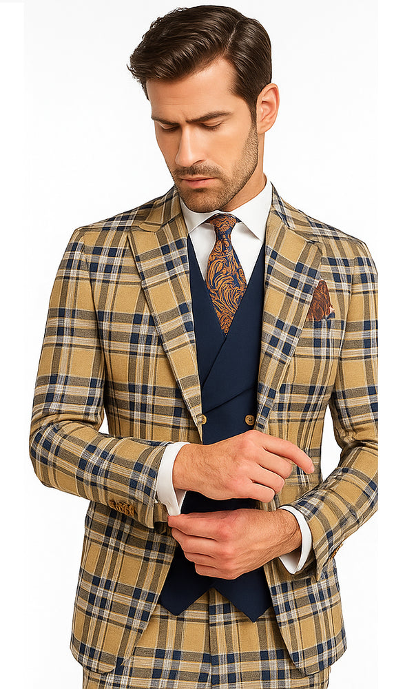 Mens Two Button Peak Lapel Suit Brown ~ Blue