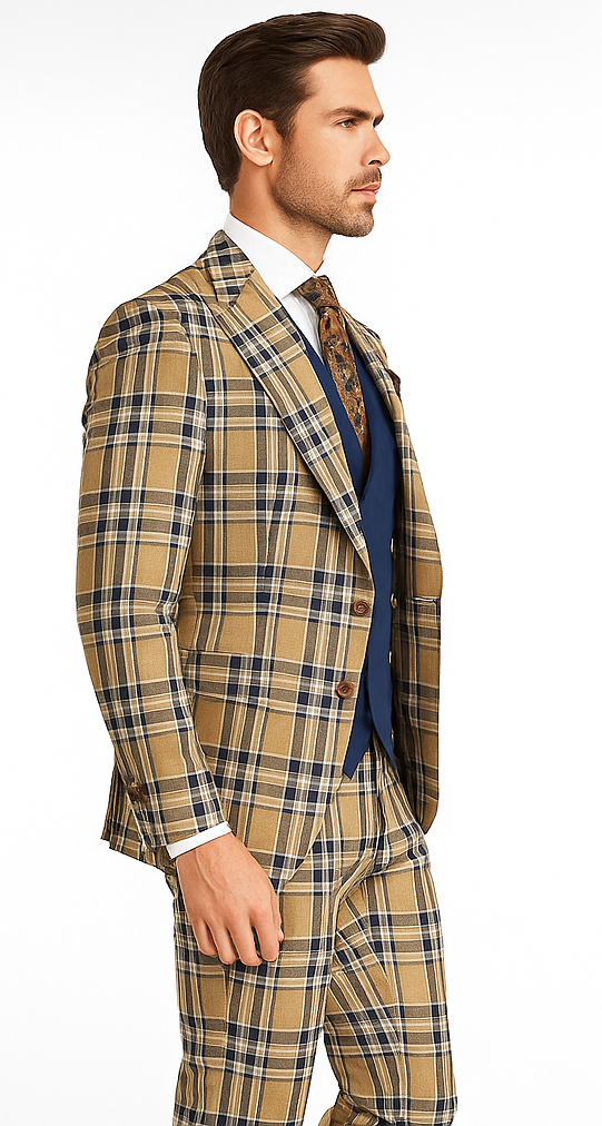 Mens Two Button Peak Lapel Suit Brown ~ Blue