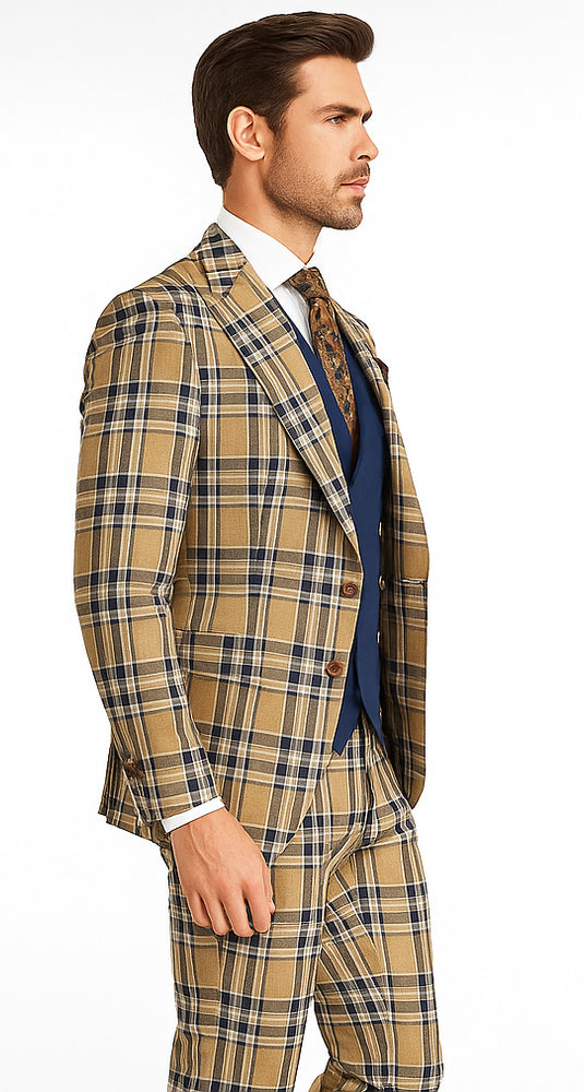 Mens Two Button Peak Lapel Suit Brown ~ Blue