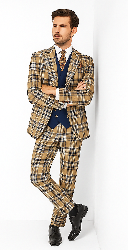 Mens Two Button Peak Lapel Suit Brown ~ Blue