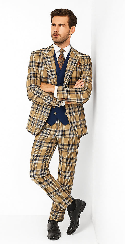 Mens Two Button Peak Lapel Suit Brown ~ Blue