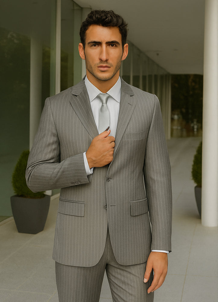 Men's Two Buttons Light Grey Stripe ~ Pinstripe Suit No Pleated Pants Side Vent Regular fit