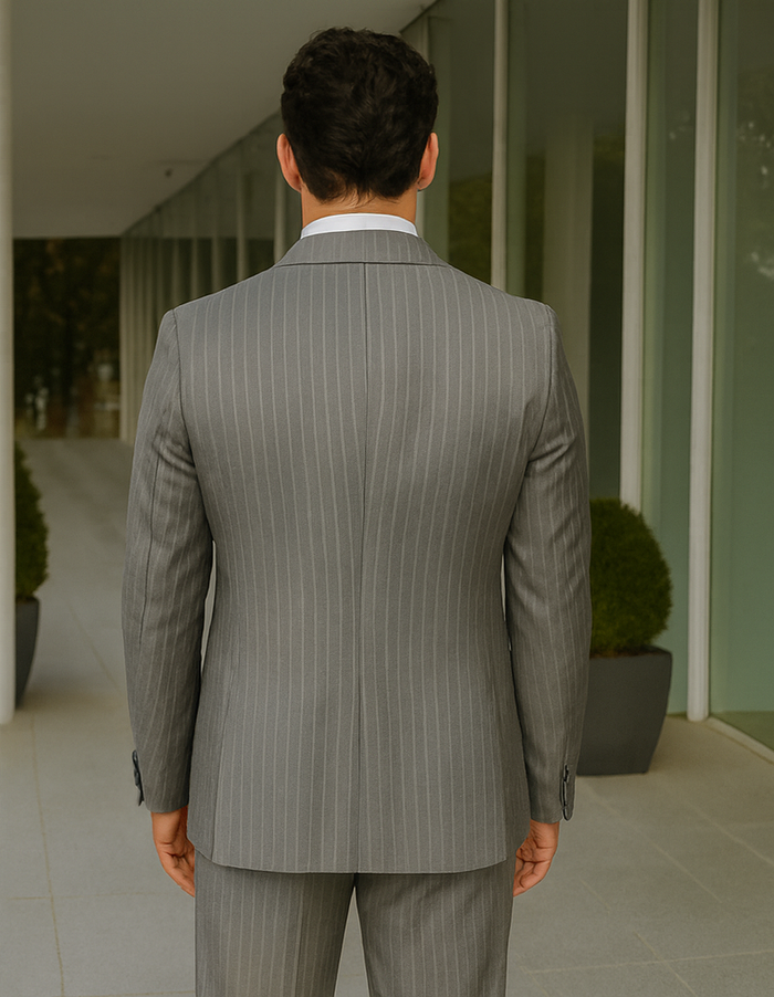Men's Two Buttons Light Grey Stripe ~ Pinstripe Suit No Pleated Pants Side Vent Regular fit
