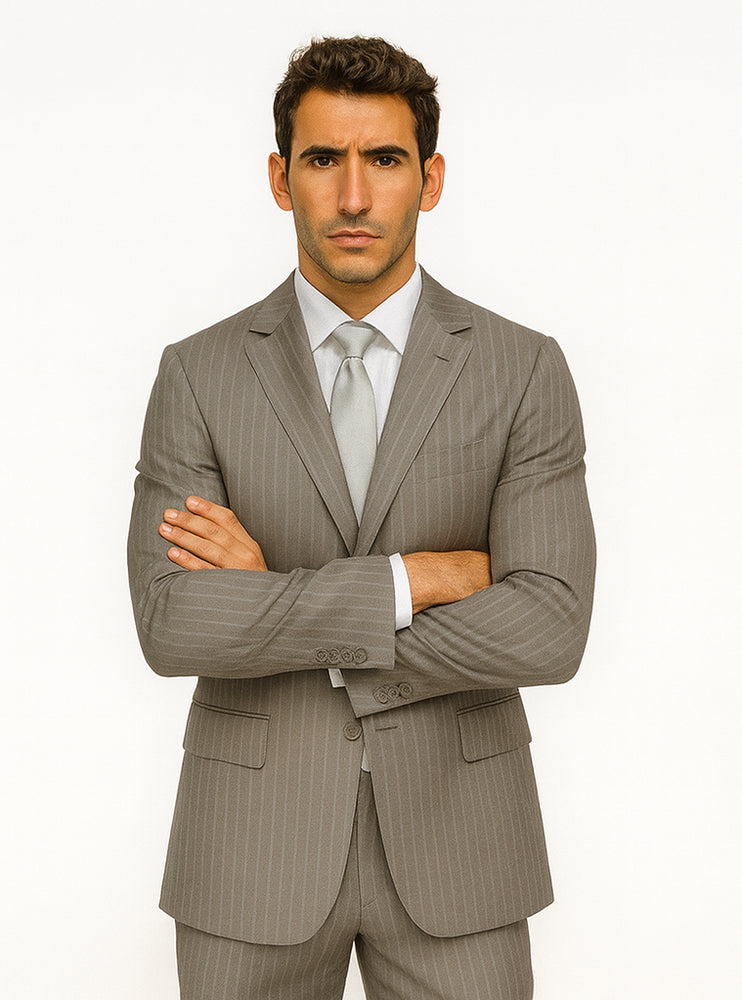 Men's Two Buttons Light Grey Stripe ~ Pinstripe Suit No Pleated Pants Side Vent Regular fit