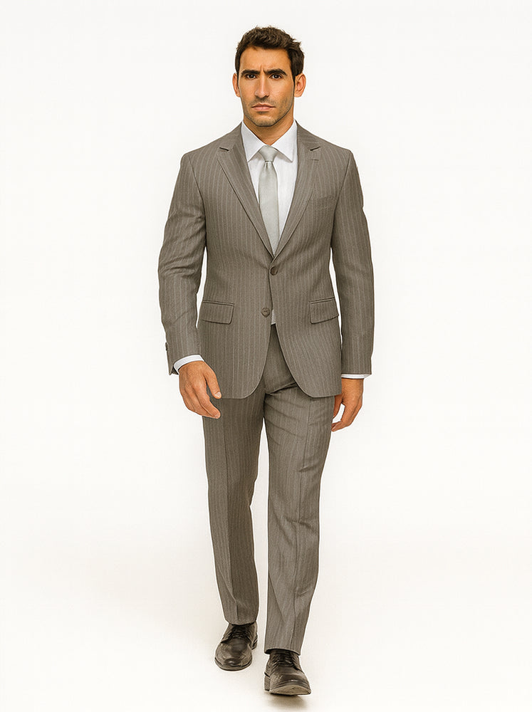 Men's Two Buttons Light Grey Stripe ~ Pinstripe Suit No Pleated Pants Side Vent Regular fit