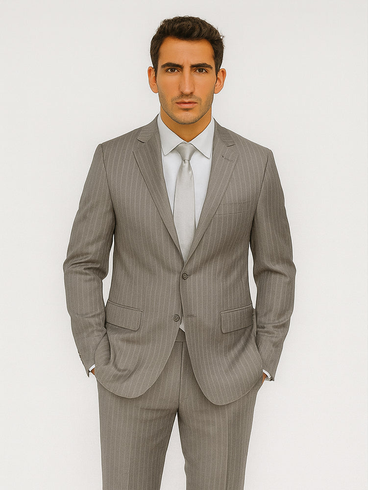 Men's Two Buttons Light Grey Stripe ~ Pinstripe Suit No Pleated Pants Side Vent Regular fit