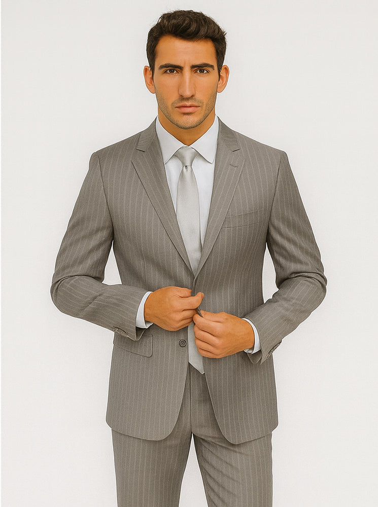 Men's Two Buttons Light Grey Stripe ~ Pinstripe Suit No Pleated Pants Side Vent Regular fit