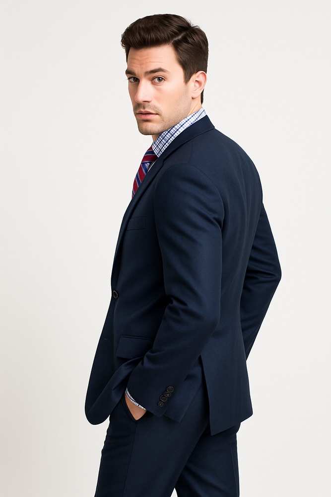 Men's Two Buttons Plaid ~ Window Pane Cheap Priced Business Suits Clearance Sale Pleated Pants Regular Cut Dark Navy