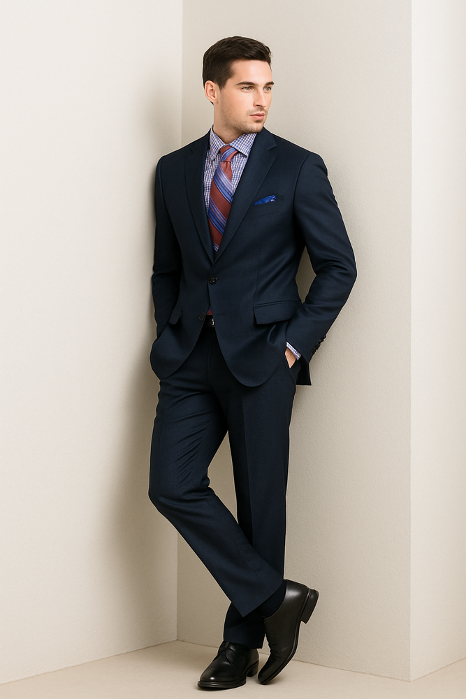 Men's Two Buttons Plaid ~ Window Pane Cheap Priced Business Suits Clearance Sale Pleated Pants Regular Cut Dark Navy