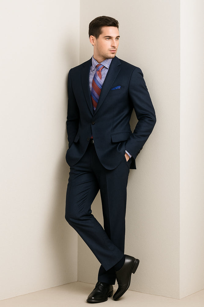 Men's Two Buttons Plaid ~ Window Pane Cheap Priced Business Suits Clearance Sale Pleated Pants Regular Cut Dark Navy