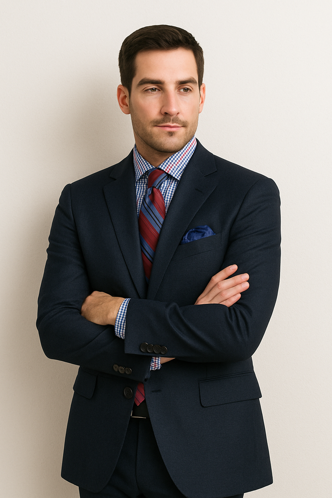 Men's Two Buttons Plaid ~ Window Pane Cheap Priced Business Suits Clearance Sale Pleated Pants Regular Cut Dark Navy