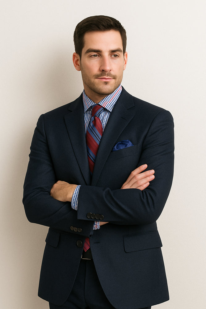 Men's Two Buttons Plaid ~ Window Pane Cheap Priced Business Suits Clearance Sale Pleated Pants Regular Cut Dark Navy