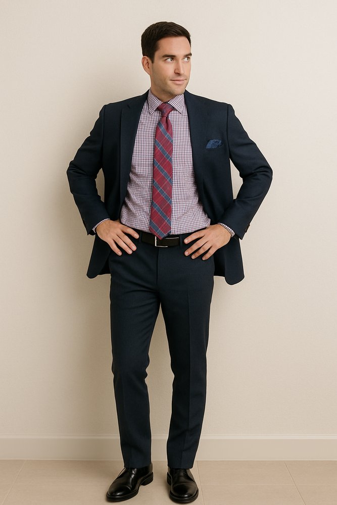 Men's Two Buttons Plaid ~ Window Pane Cheap Priced Business Suits Clearance Sale Pleated Pants Regular Cut Dark Navy