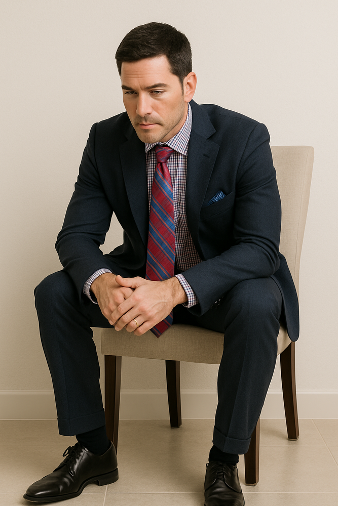 Men's Two Buttons Plaid ~ Window Pane Cheap Priced Business Suits Clearance Sale Pleated Pants Regular Cut Dark Navy