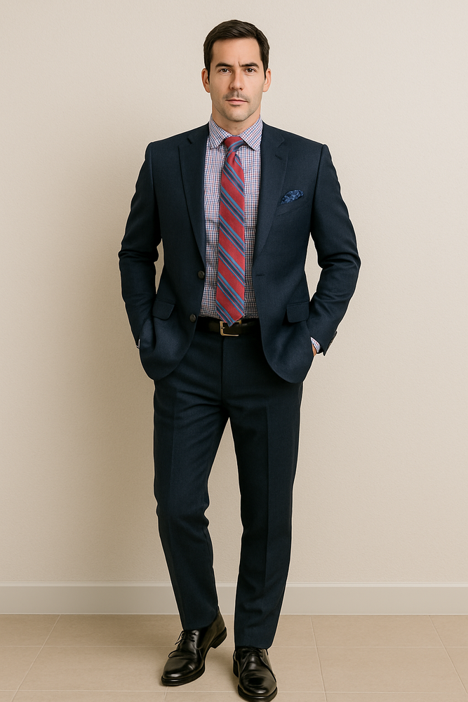 Men's Two Buttons Plaid ~ Window Pane Cheap Priced Business Suits Clearance Sale Pleated Pants Regular Cut Dark Navy