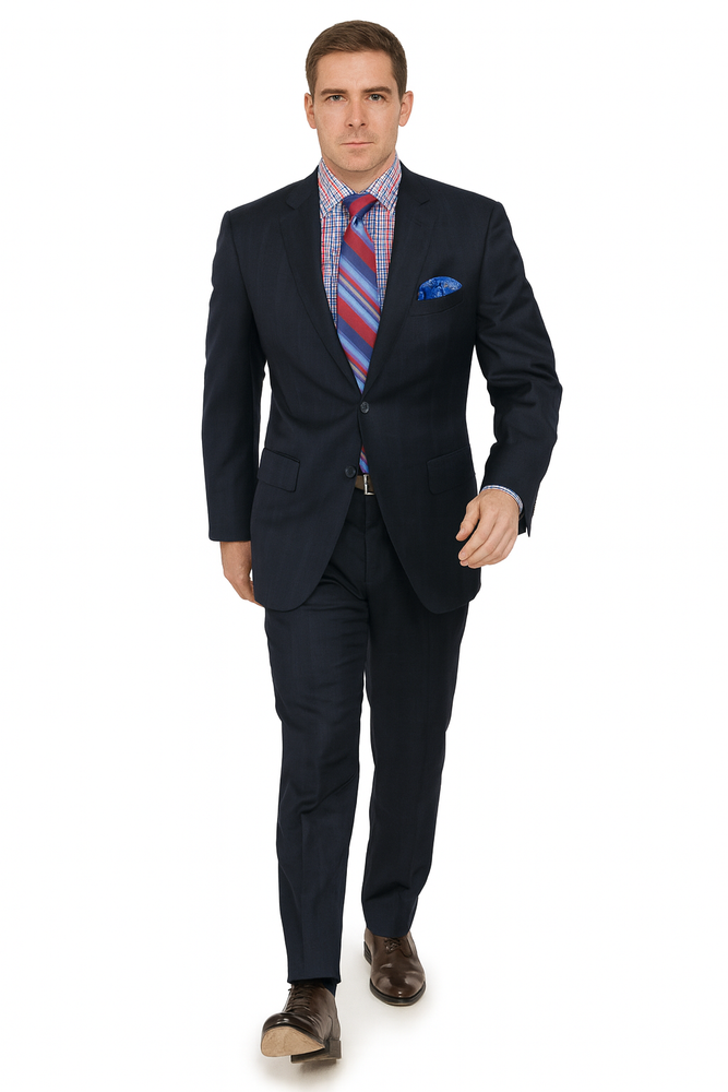 Men's Two Buttons Plaid ~ Window Pane Cheap Priced Business Suits Clearance Sale Pleated Pants Regular Cut Dark Navy