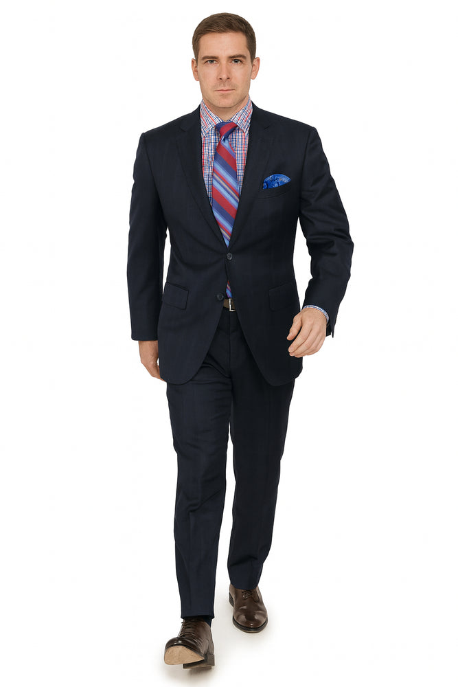 Men's Two Buttons Plaid ~ Window Pane Cheap Priced Business Suits Clearance Sale Pleated Pants Regular Cut Dark Navy