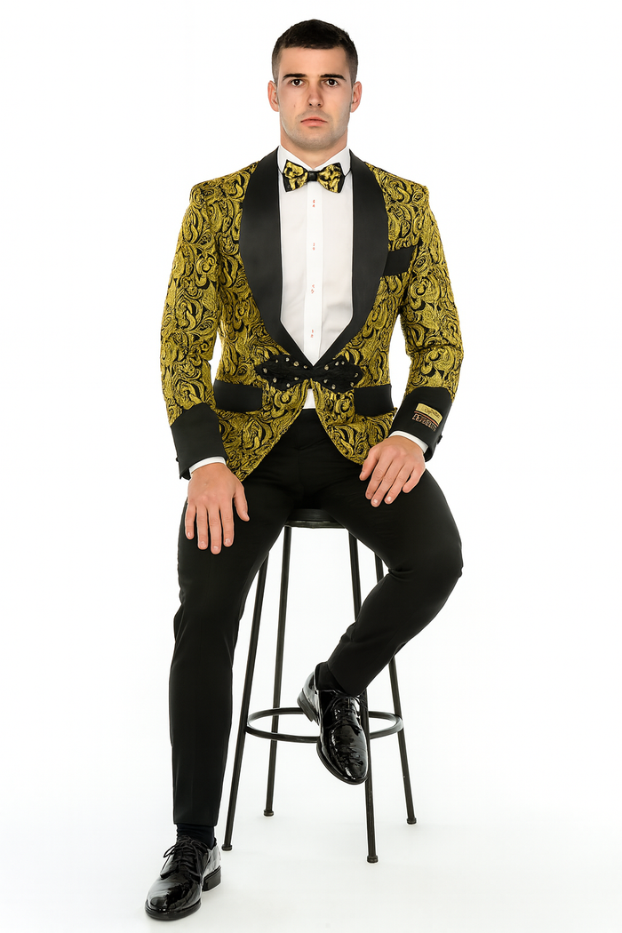 Cheap Men's Printed Unique Patterned Print Floral Tuxedo Flower Jacket Prom 2026 custom celebrity modern Tux Gold ~ Black