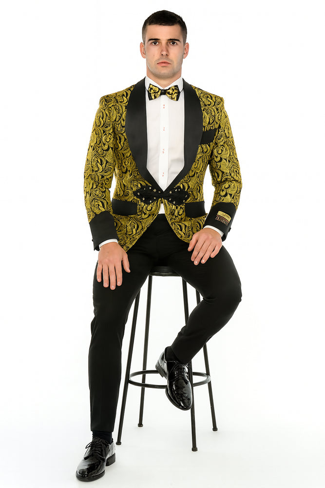 Cheap Men's Printed Unique Patterned Print Floral Tuxedo Flower Jacket Prom 2025 custom celebrity modern Tux Gold ~ Black