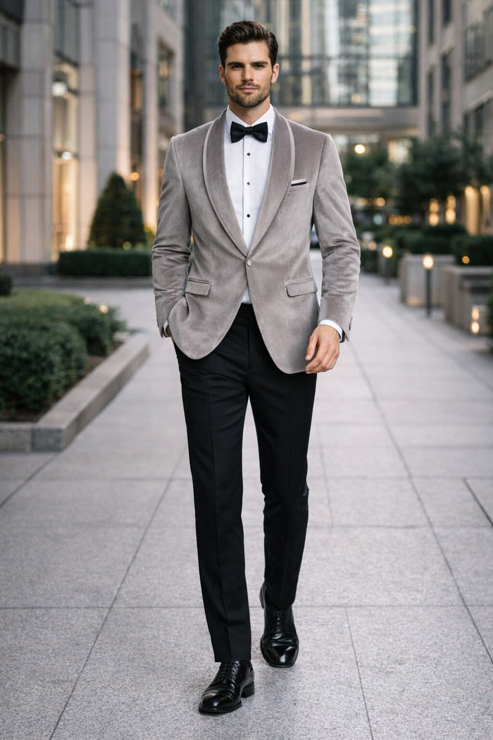 Men's Platinum Velvet Dinner Jacket with Satin Shawl Lapel | Formal Wedding Prom Blazer