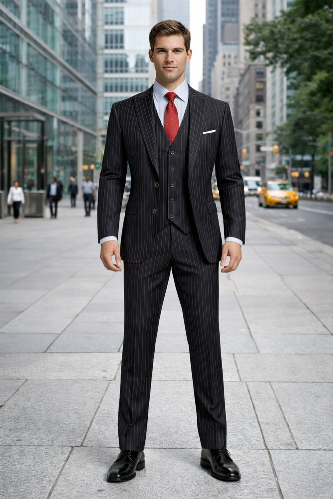 Mens Vested Gangster Pinstripe 1920's Suit in Black