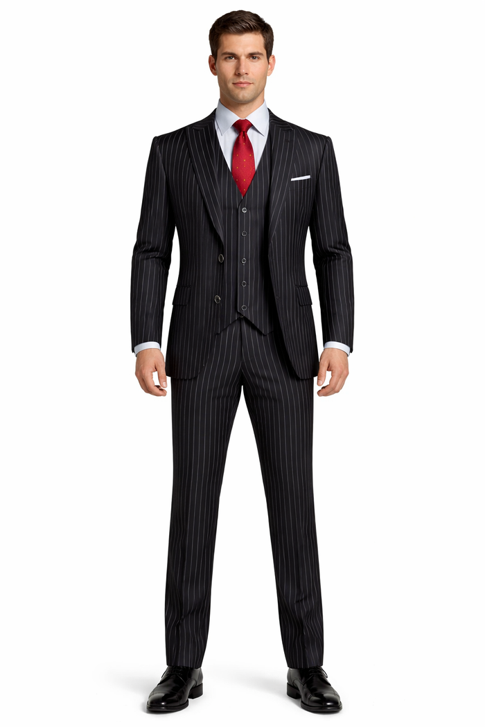 Mens Vested Gangster Pinstripe 1920's Suit in Black